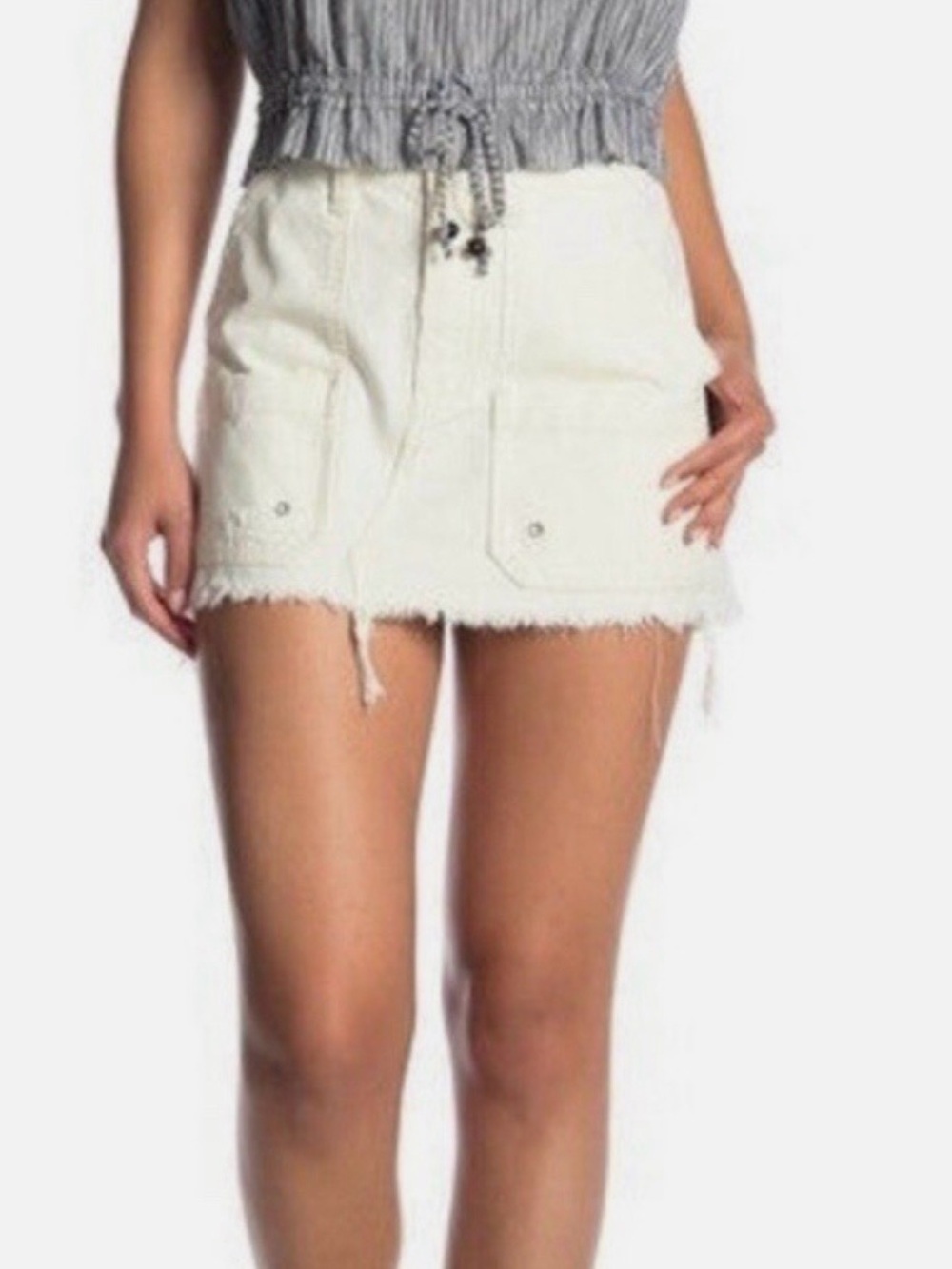 Free People White Denim Frayed Mini Skirt